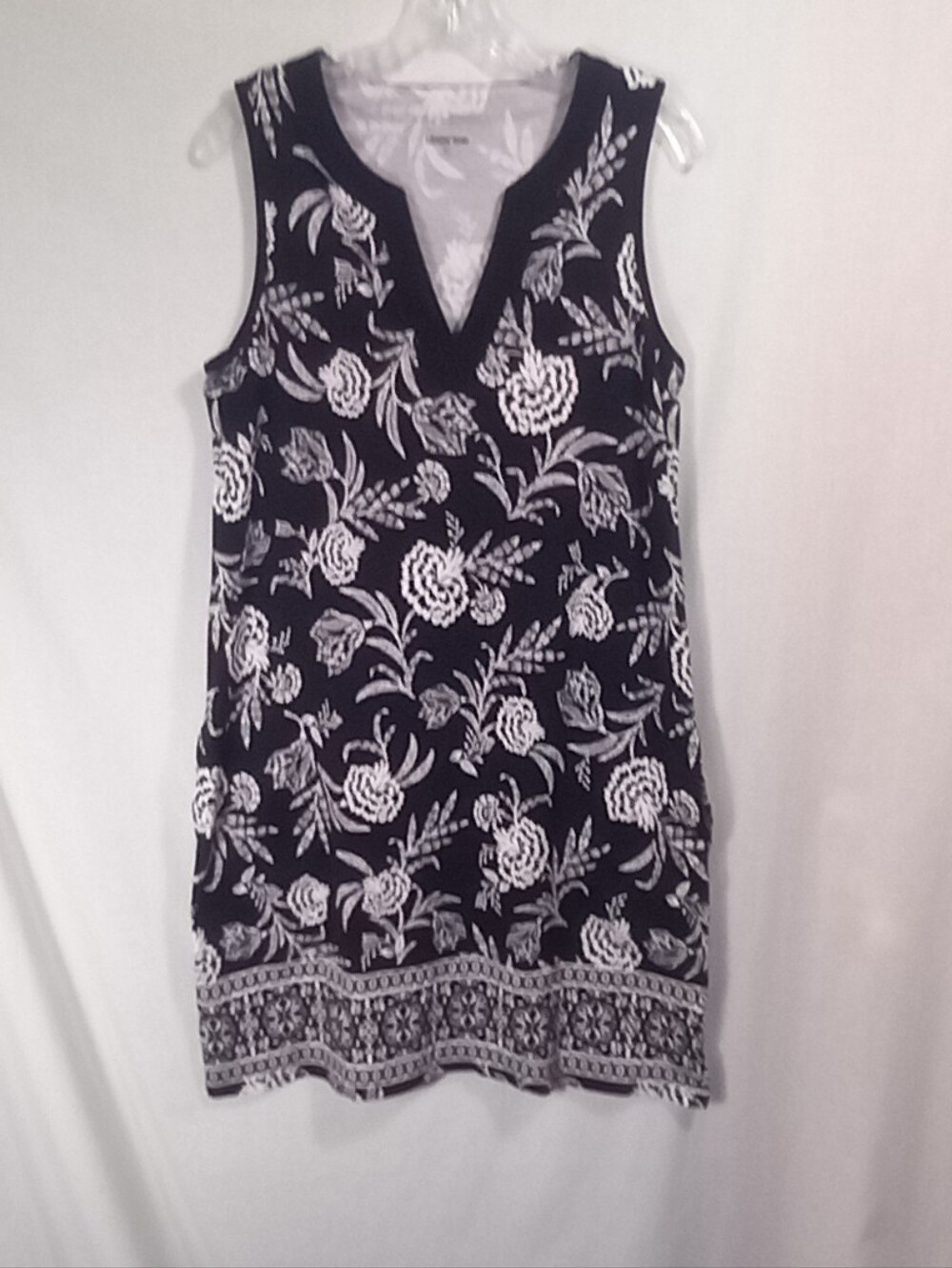 Lands' End Black White Floral Sleeveless V-neck Mini Dress Size M/L